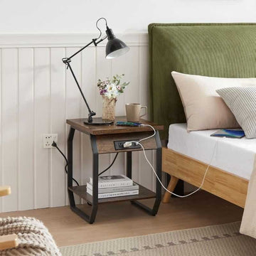 Smart Charging Sofa Side Table with Storage Shelf | Wooden Side Table with Built-In Power Outlets & USB Ports | Living Room Furniture