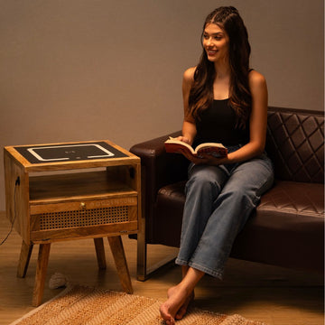 Premium Solid Wood Bedside Table with Wireless Charging Pad, USB Ports & LED Lamp – Rattan Drawer Nightstand for Bedroom & Living Room