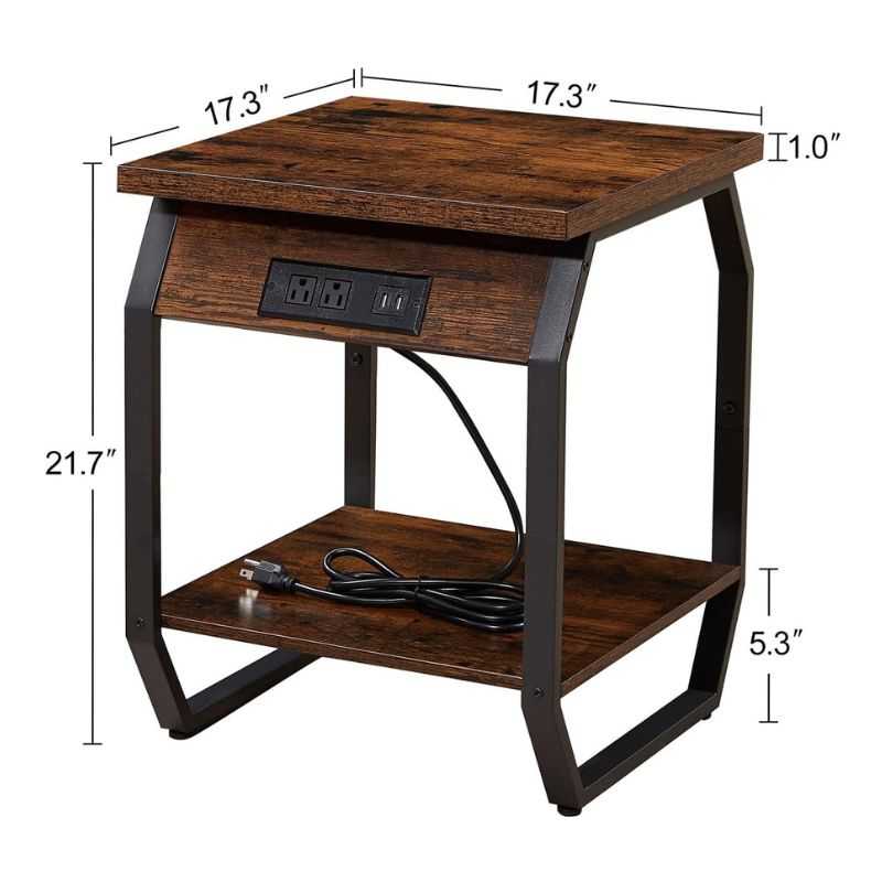Smart Charging Sofa Side Table with Storage Shelf | Wooden Side Table with Built-In Power Outlets & USB Ports | Living Room Furniture