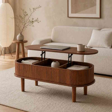 Oval Lift-Top Coffee Table with 3 Hidden Storage Compartments in Acacia Wood