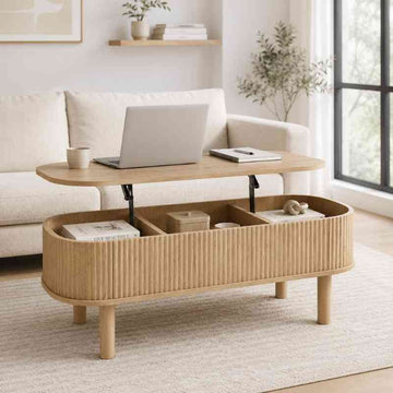 Oval Lift-Top Coffee Table with 3 Hidden Storage Compartments in Mango Wood