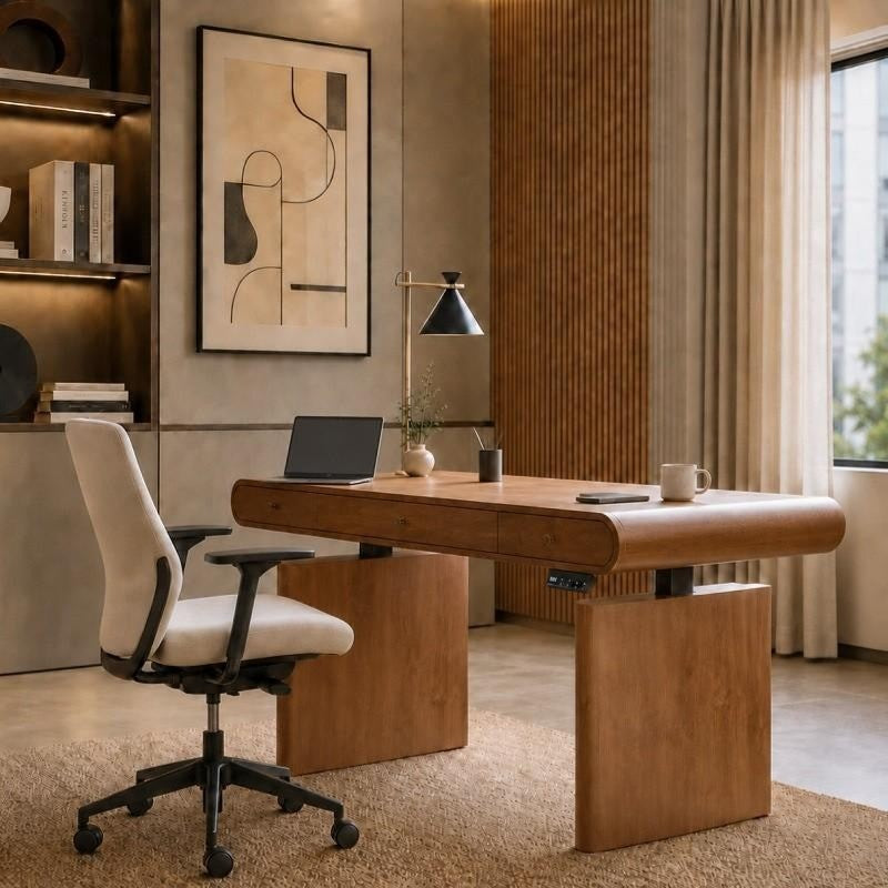 Mid-Century Electric Height Adjustable Standing Desk with Charging & Storage for Home Office