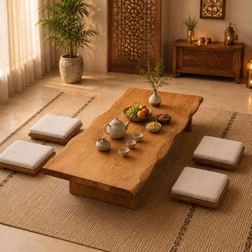Japanese Tatami Floor Seating Tea Table Set with 4 Cushioned Chairs