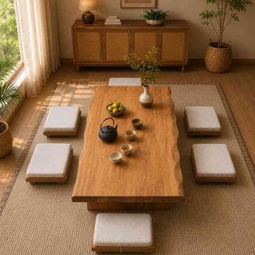 Japanese Tatami Floor Seating Tea Table Set with 6 Cushioned Chairs