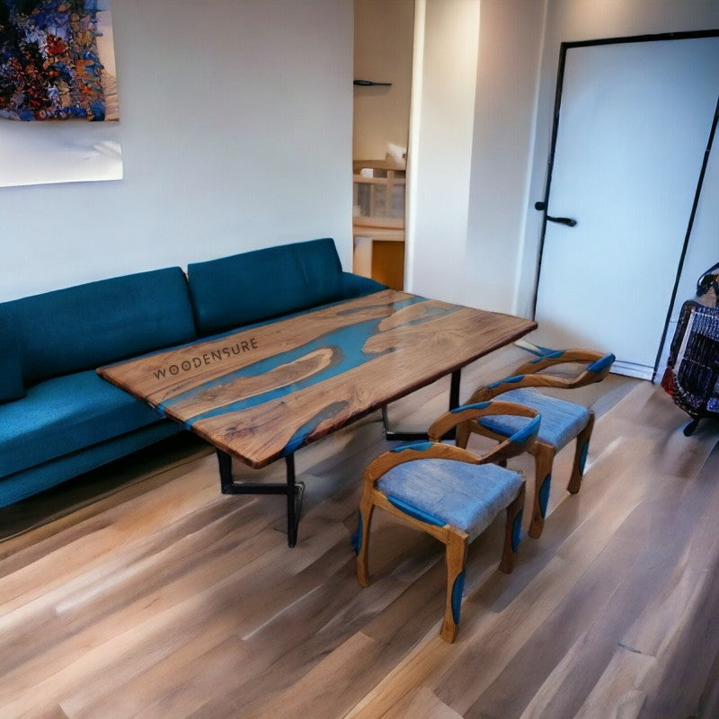 AquaFlow Epoxy Dining Table | Blue Resin River Dining Table | River Dining Table