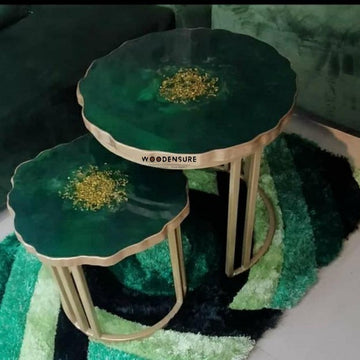 LuxeLeaf Green Epoxy Nesting Coffee Tables Set of 2 | Gold, Modern, Space-Saving