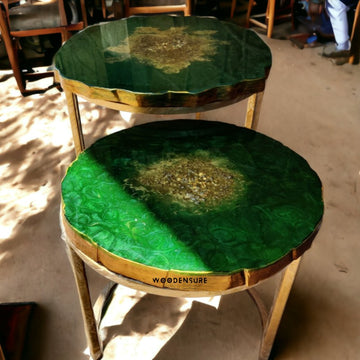 LuxeLeaf Green Epoxy Nesting Coffee Tables Set of 2 | Gold, Modern, Space-Saving