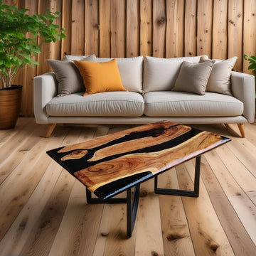 Onyx Coal Black Epoxy Resin Wood Center Table | Glossy Finish