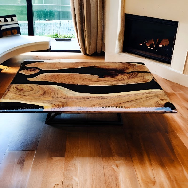 Onyx Coal Black Epoxy Resin Wood Center Table | Glossy Finish