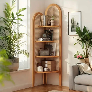 Acacia Wood Cane Corner Shelf with Wooden Shelves | Triangle 4 Storage