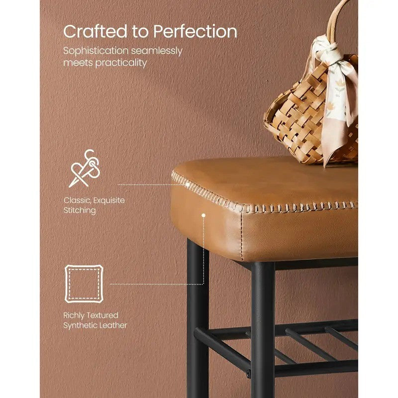 Entryway Storage Shoe Bench | Shoe Rack with Synthetic Leather Stitching (Caramel Brown)