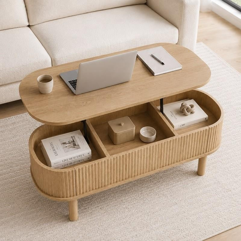 Oval Lift-Top Coffee Table with 3 Hidden Storage Compartments in Mango Wood