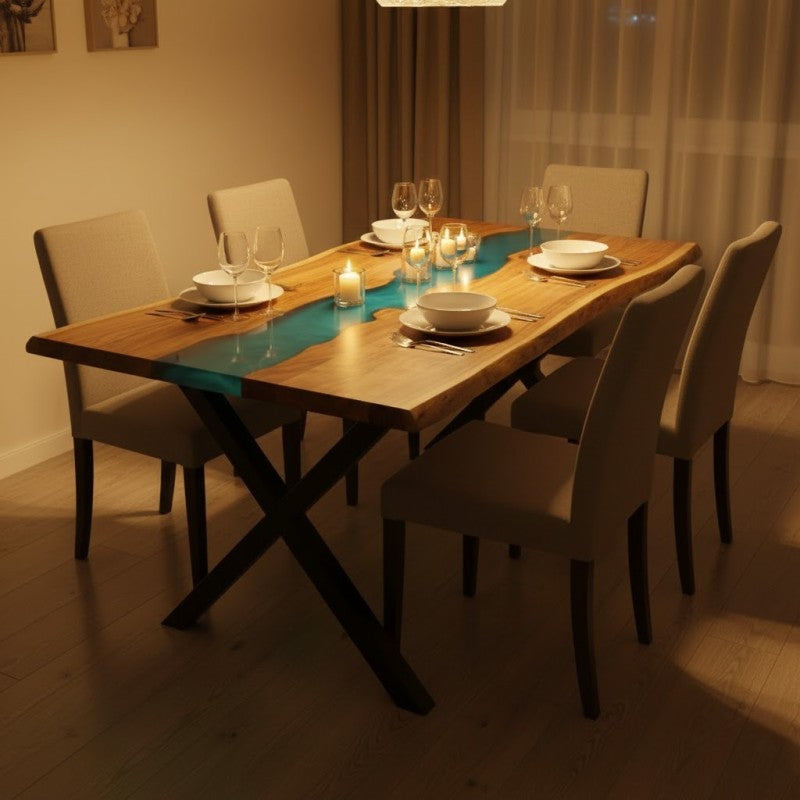 Minimal 6 Seater Dining Table – Epoxy Resin & Wood
