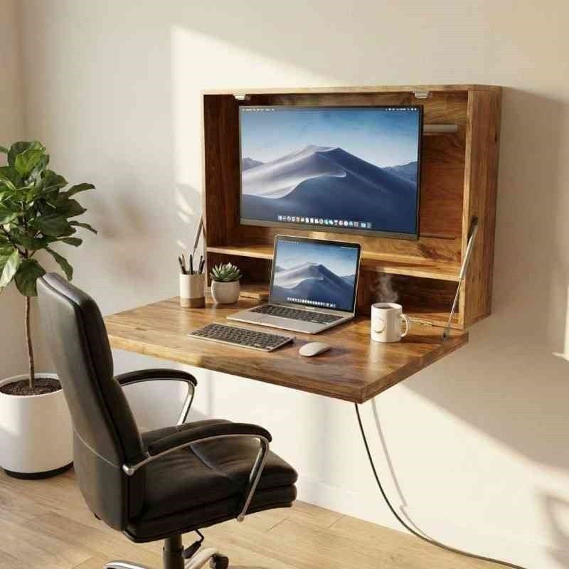 Fold-Down Wall Mounted Desk with Personalised Photo Frame in Acacia Wood