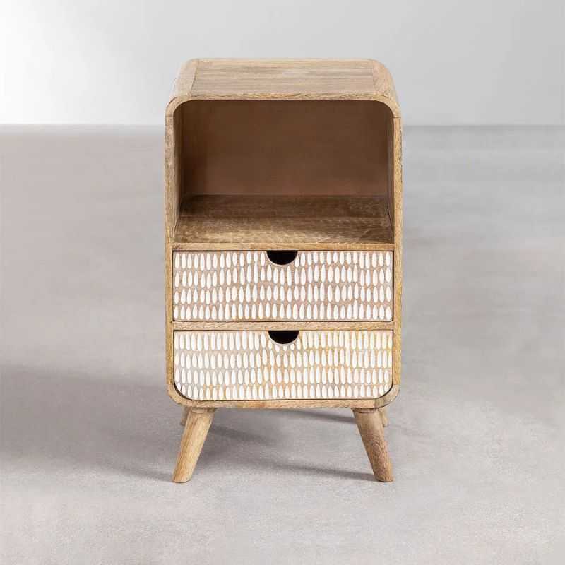 Riva Side Table | Wood Finish Nightstand with Woven 2-Drawers