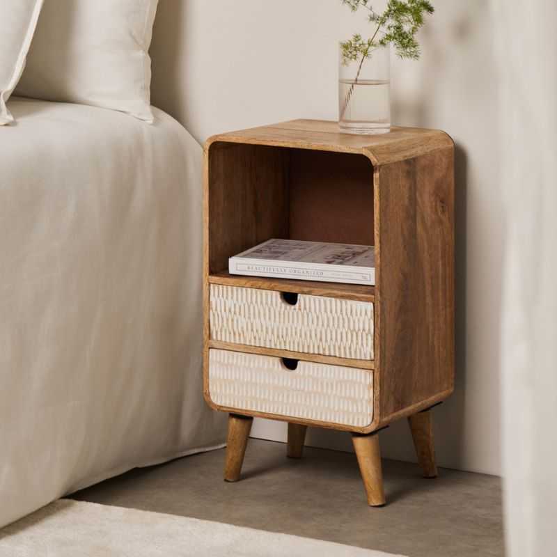 Riva Side Table | Wood Finish Nightstand with Woven 2-Drawers