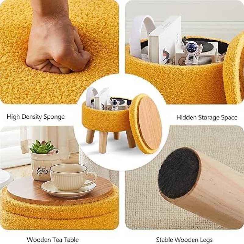 Trendy Cotton Puff Stool with Hidden Storage - Soft Yellow Velvet