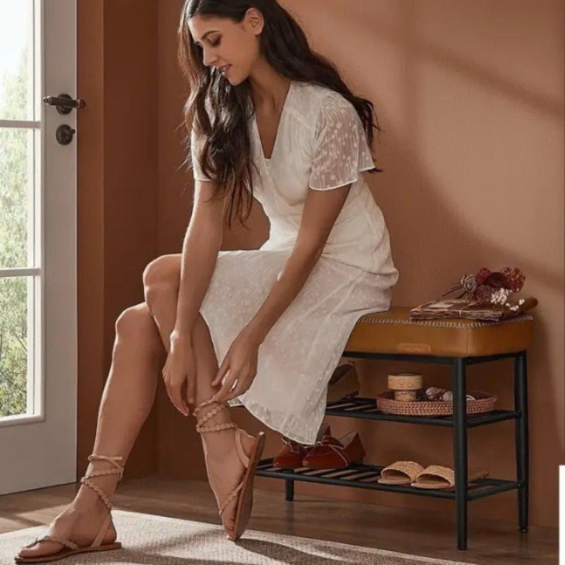 Entryway Storage Shoe Bench | Shoe Rack with Synthetic Leather Stitching (Caramel Brown)