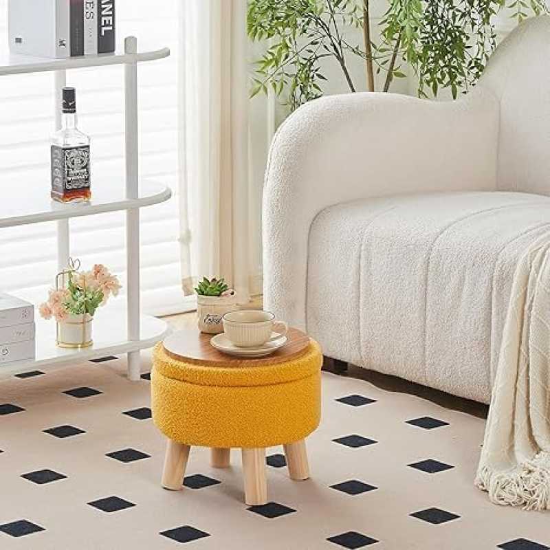 Trendy Cotton Puff Stool with Hidden Storage - Soft Yellow Velvet