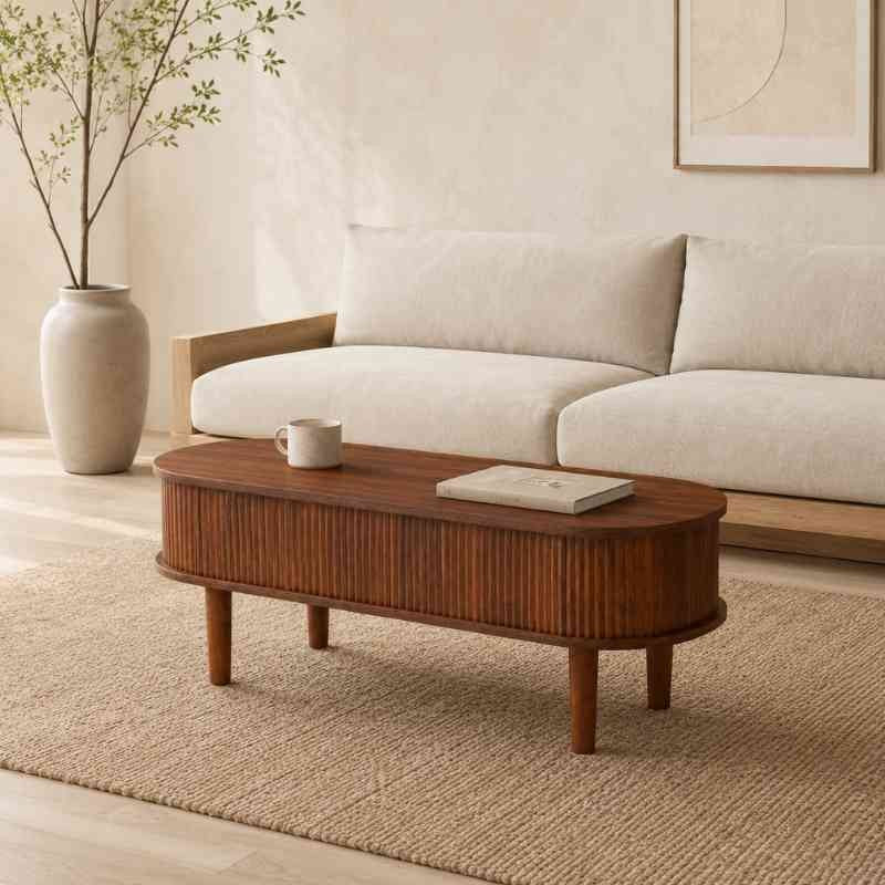 Oval Lift-Top Coffee Table with 3 Hidden Storage Compartments in Acacia Wood